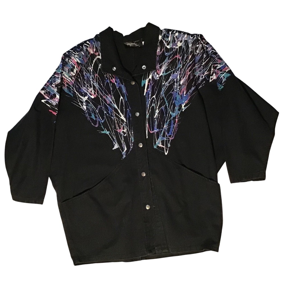 VTG Black Denim Jacket‎ USA Made Splatter Painted Deigns By Create A Sweet Inc M